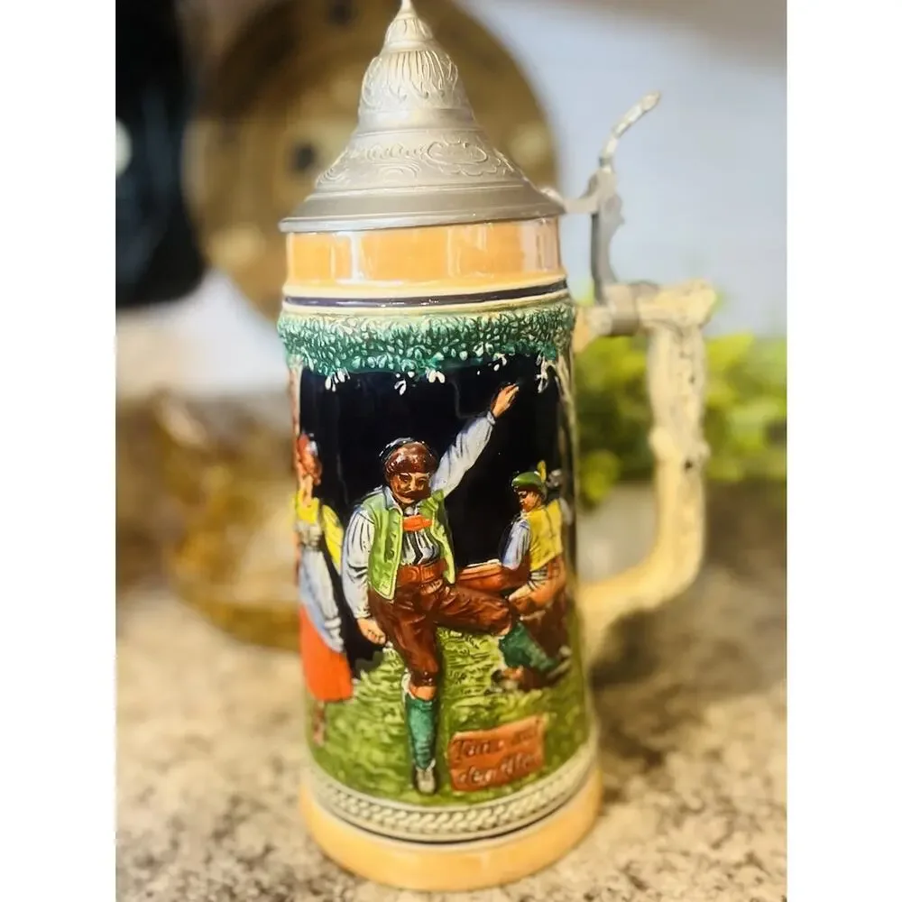 Gerz Dance of the Mountain Tanz Auf Der Alm Lidded Beer Stein 10.5” Hand Painted